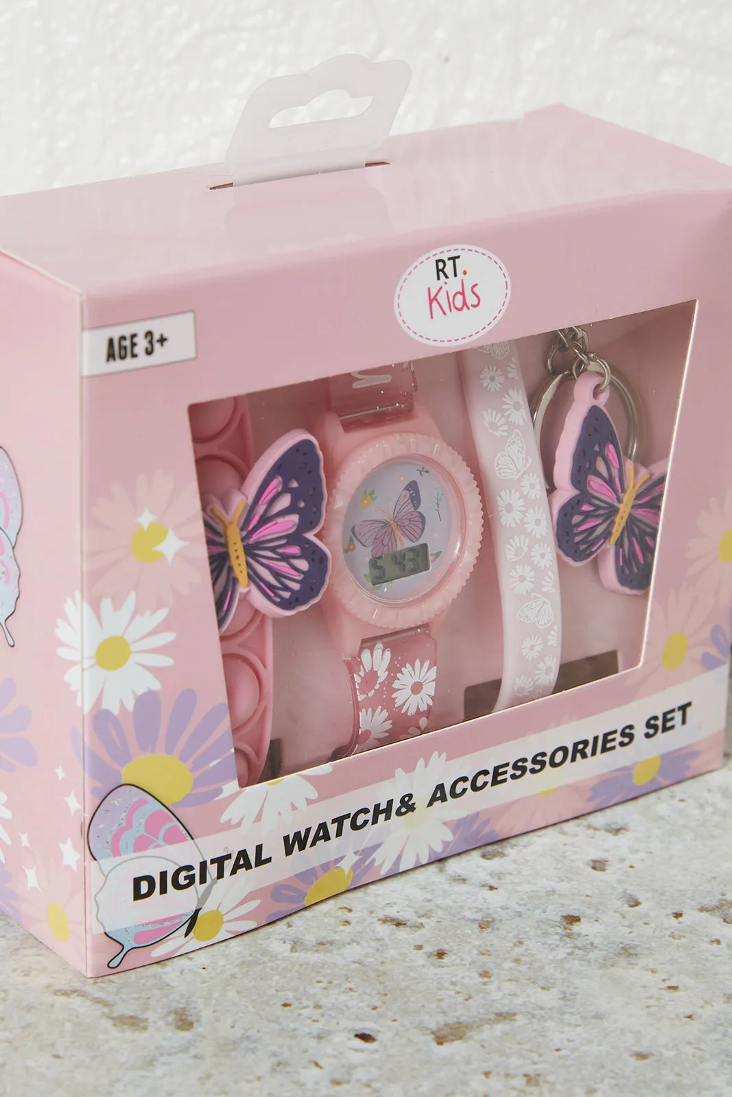 Girls Pink Butterfly Printed Digital Watch Set (3 Piece)