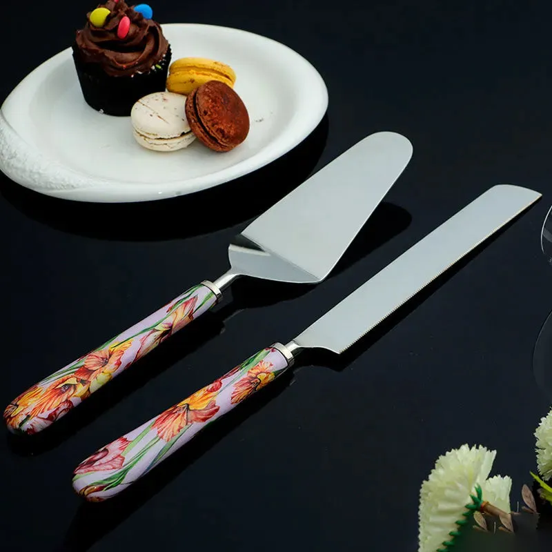 Gladiolus Harmony Print Stainless Steel Cake Server | Set of 2