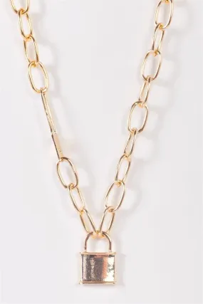 Gold Paper Clip Chain Padlock Pendant Necklace