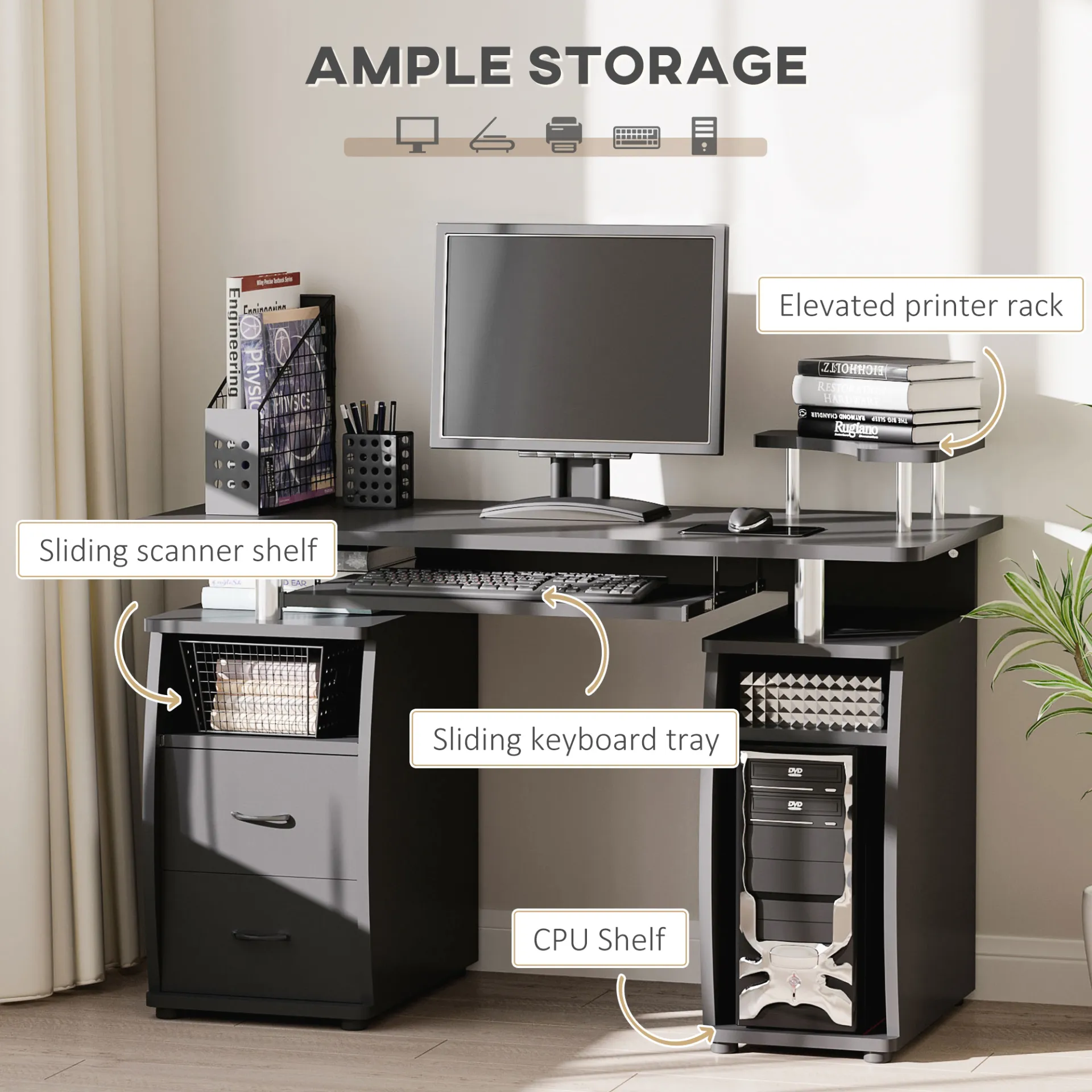 HOMCOM Black Computer Desk with Keyboard Tray, CPU Shelf & Drawers - Perfect for Home Office