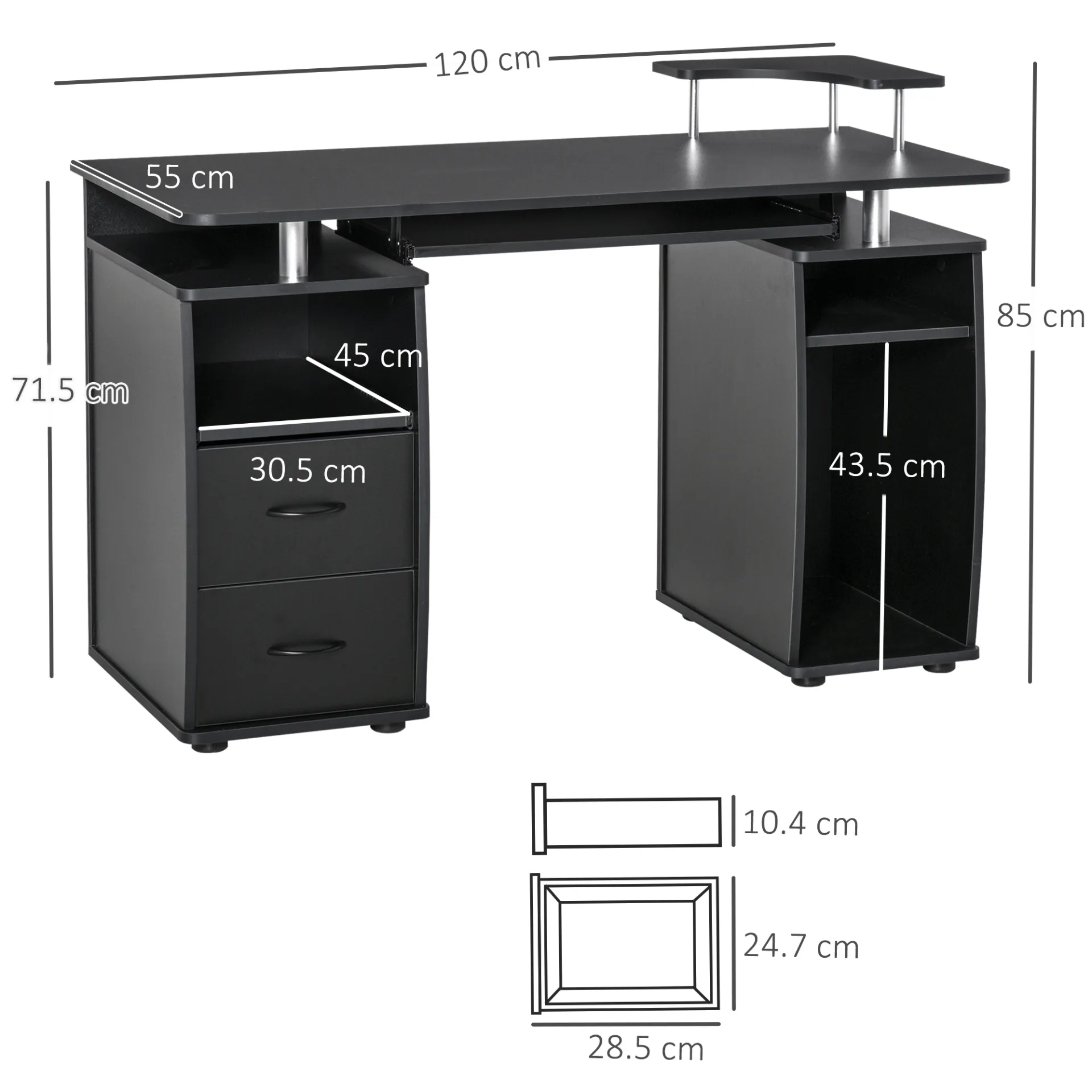 HOMCOM Black Computer Desk with Keyboard Tray, CPU Shelf & Drawers - Perfect for Home Office