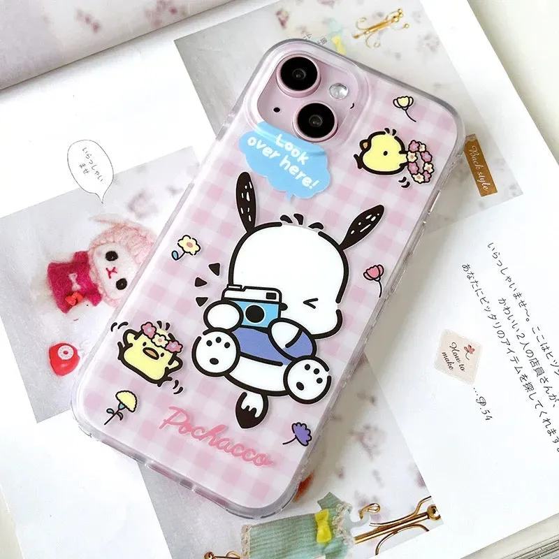 Japanese Cartoon Sanrio Pochacco | Pink Camera & White Traveling - iPhone Case 13 14 15 Pro Promax