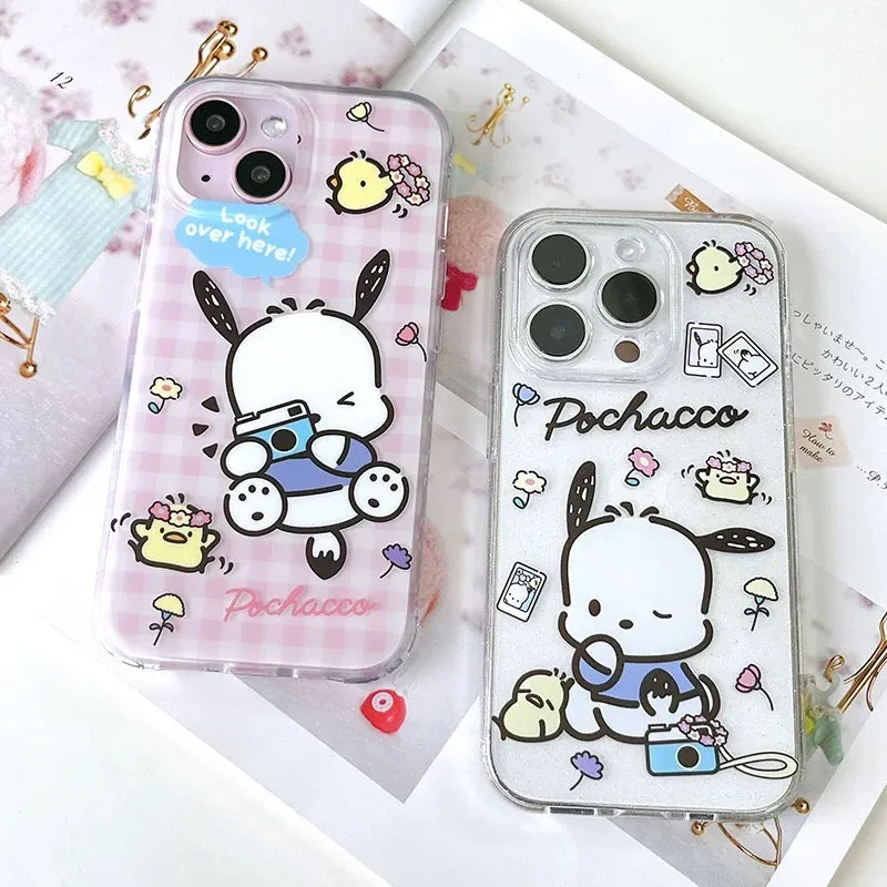 Japanese Cartoon Sanrio Pochacco | Pink Camera & White Traveling - iPhone Case 13 14 15 Pro Promax