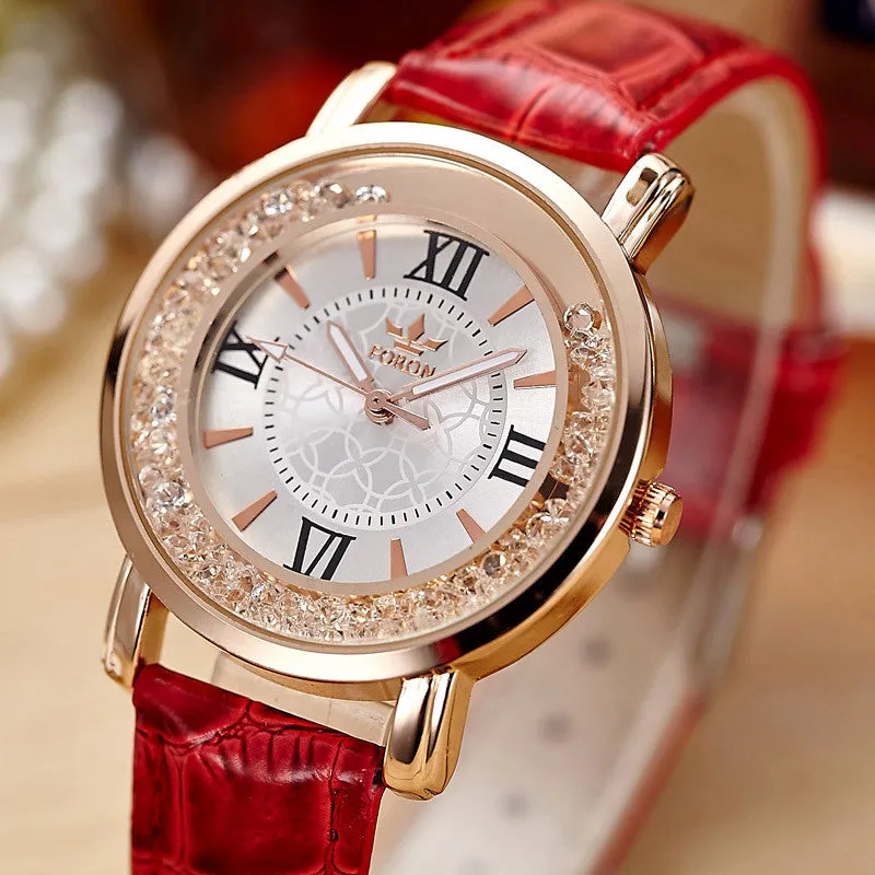 Ladies Fashion Quartz Watch Women Rhinestone Leather Casual Dress Watches Rose Gold Crystal