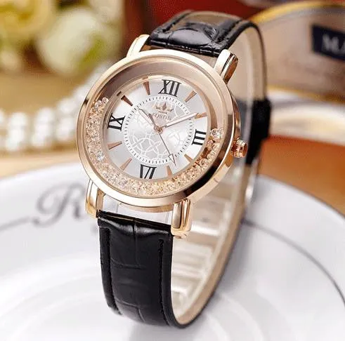 Ladies Fashion Quartz Watch Women Rhinestone Leather Casual Dress Watches Rose Gold Crystal