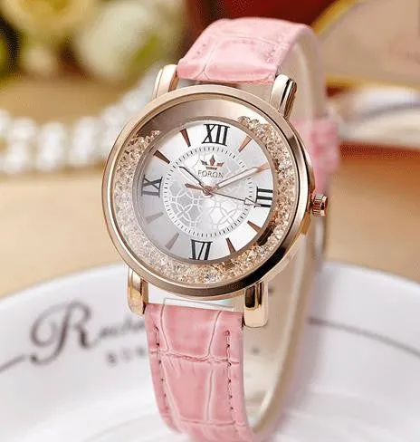 Ladies Fashion Quartz Watch Women Rhinestone Leather Casual Dress Watches Rose Gold Crystal