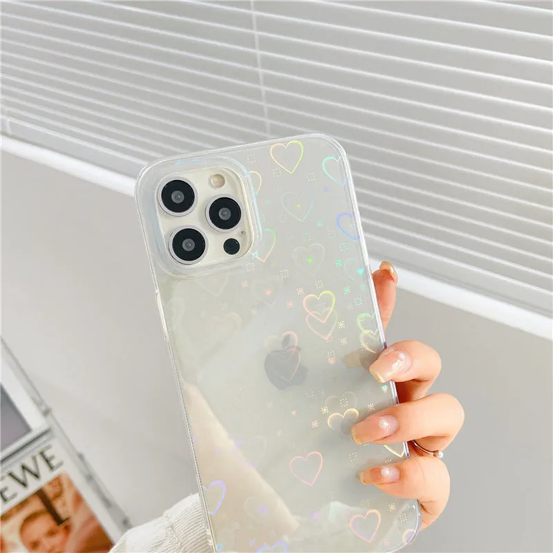 Laser Colorful Mobile Phone Soft Case Rainbow Hearts Love Design Full Protective Cover