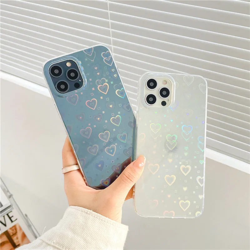 Laser Colorful Mobile Phone Soft Case Rainbow Hearts Love Design Full Protective Cover