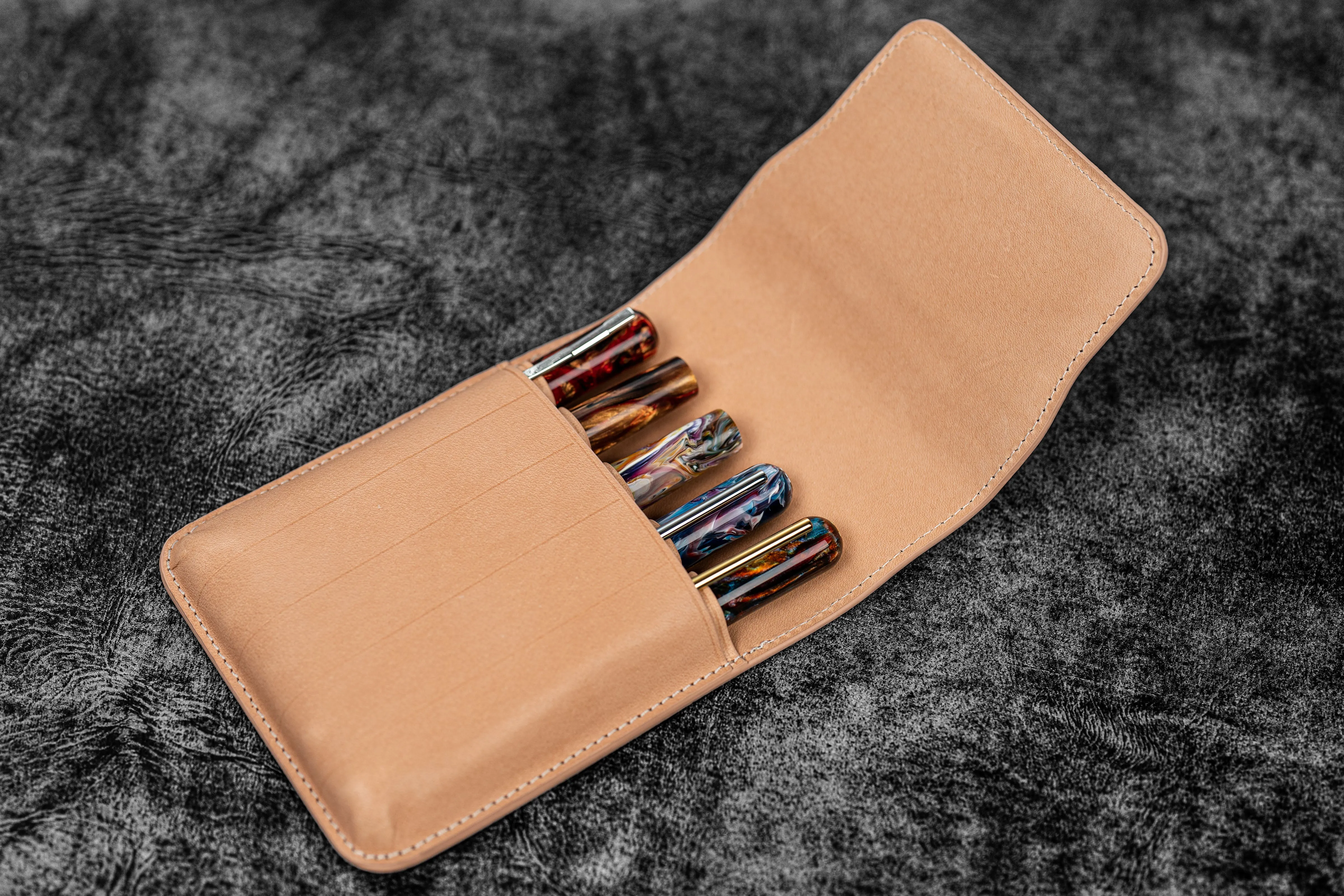 Leather Flap Pen Case for Five Pens - Undyed Leather