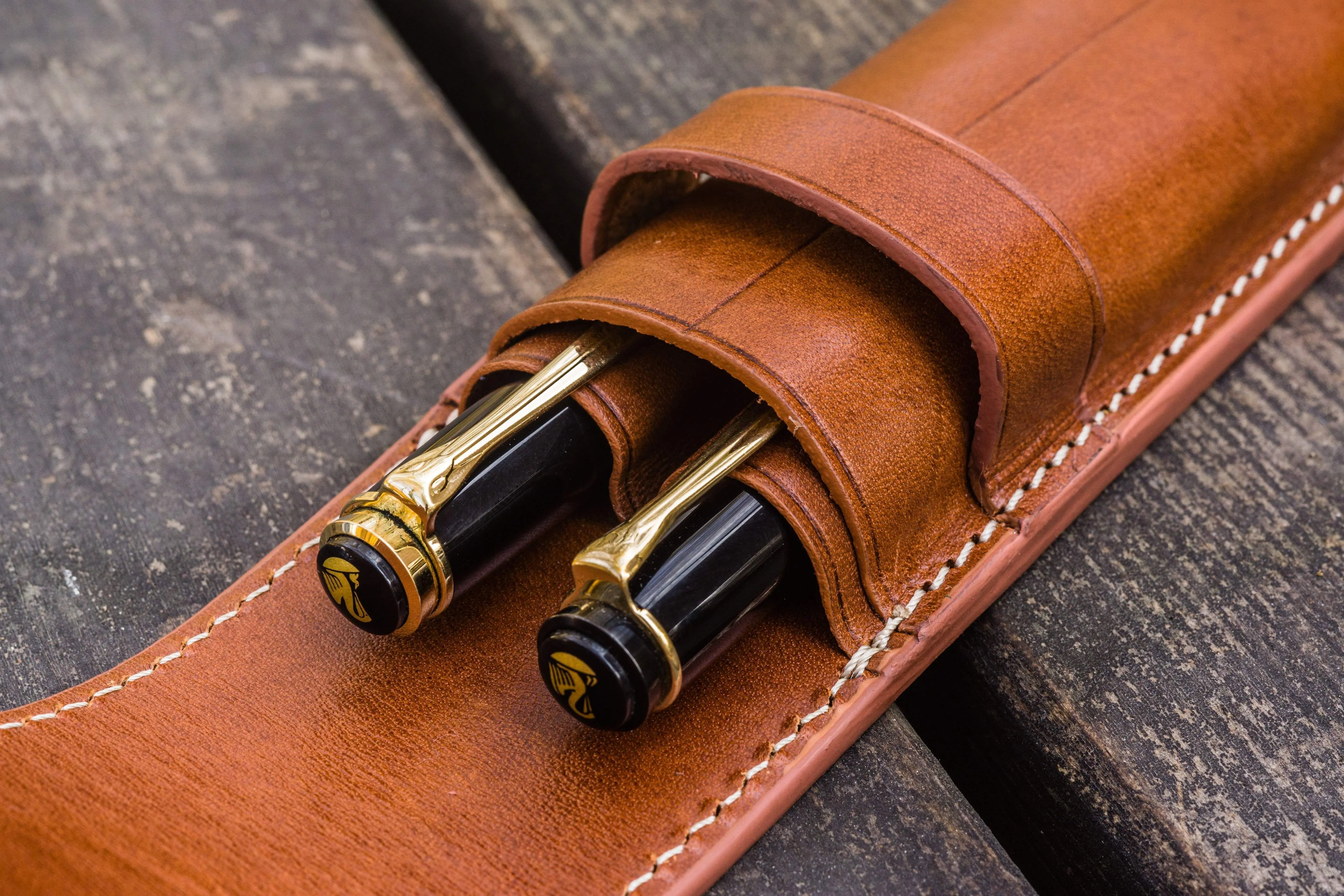 Leather Flap Pen Case for Two Pens - Brown