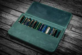 Leather Magnum Opus 12 Slots Hard Pen Case with Removable Pen Tray - Crazy Horse Forest Green