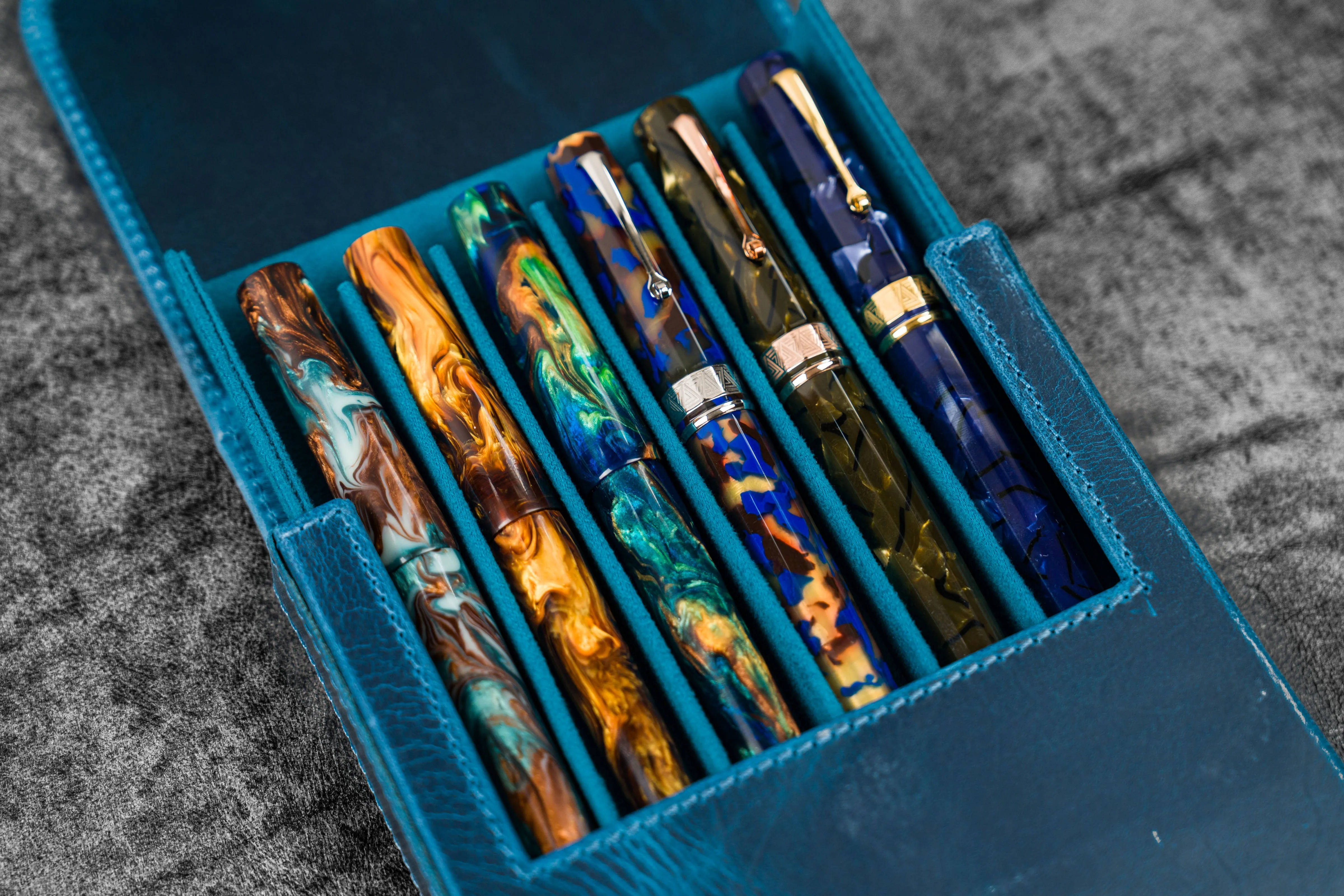 Leather Magnum Opus 6 Slots Hard Pen Case with Removable Pen Tray - C.H. Ocean Blue