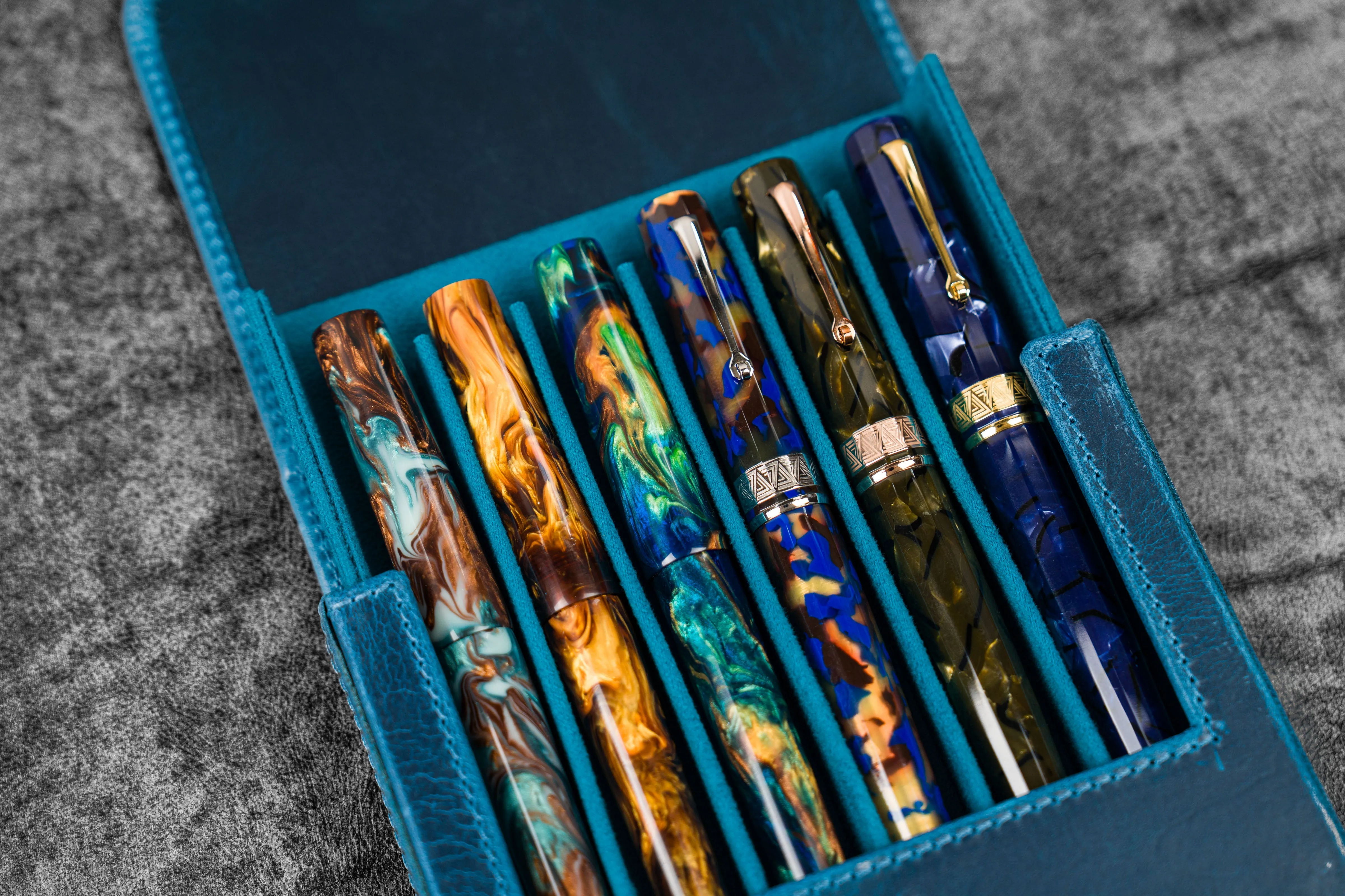 Leather Magnum Opus 6 Slots Hard Pen Case with Removable Pen Tray - C.H. Ocean Blue