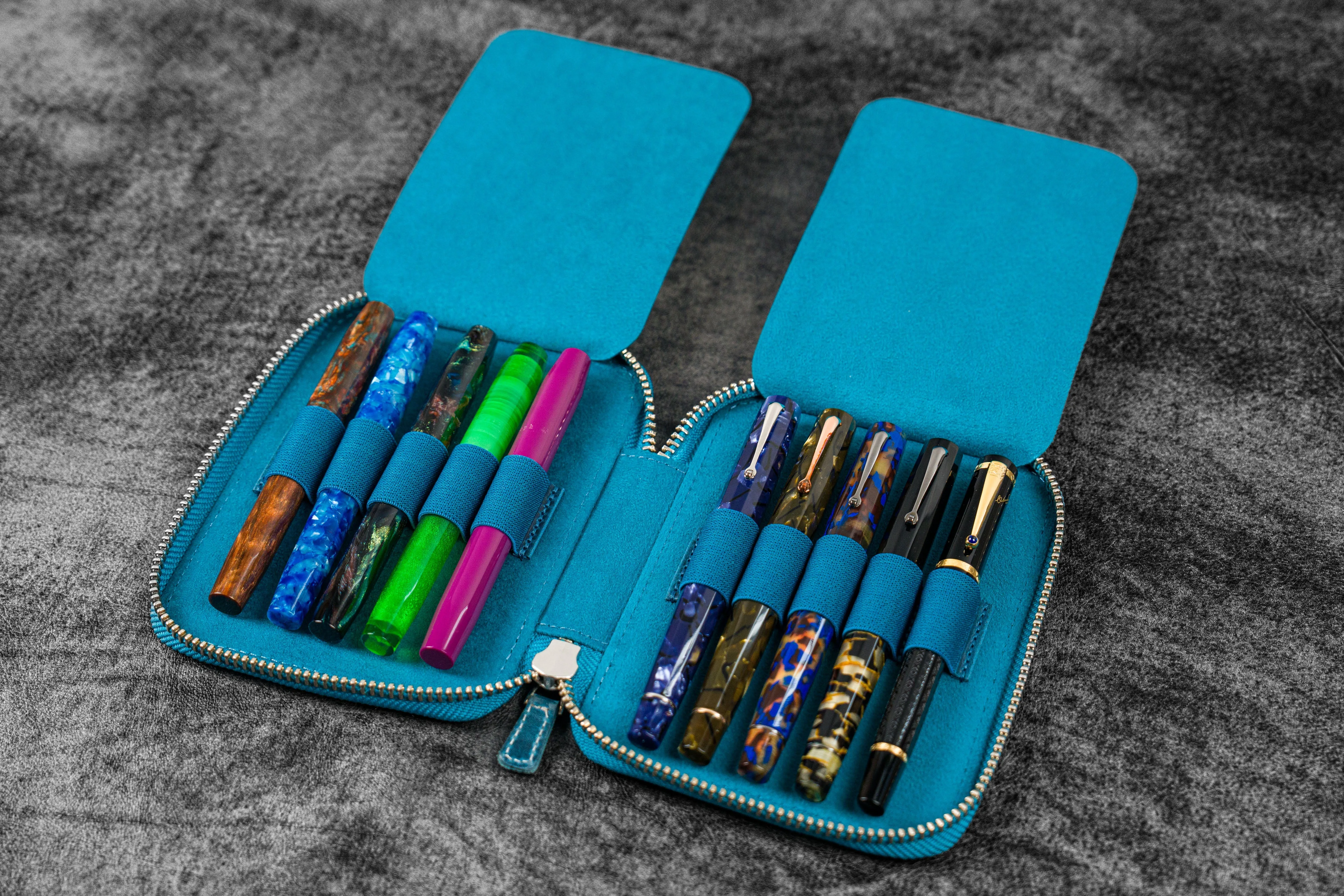 Leather Zippered 10 Slots Pen Case - C.H. Ocean Blue