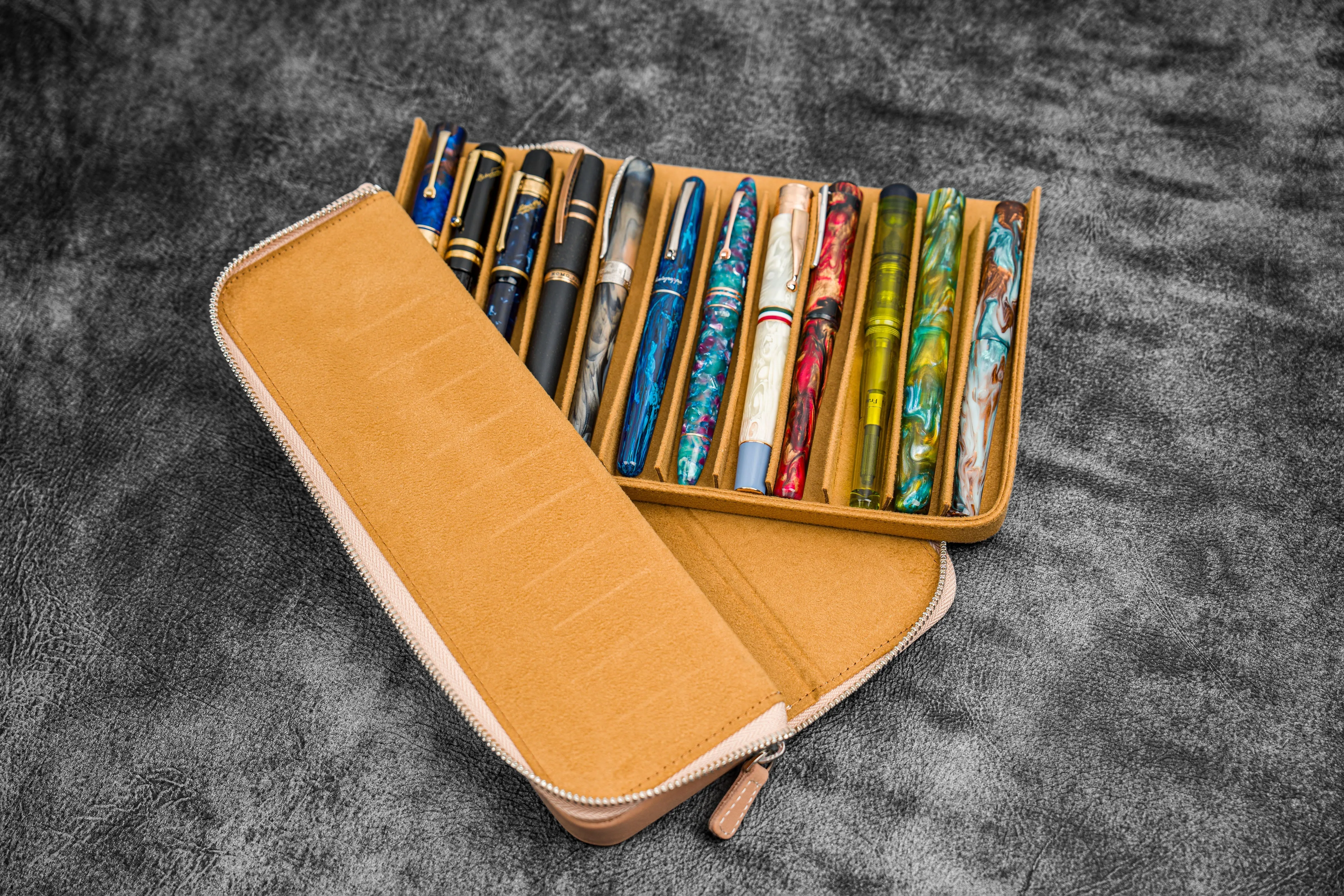 Leather Zippered Magnum Opus 12 Slots Hard Pen Case with Removable Pen Tray - Undyed Leather