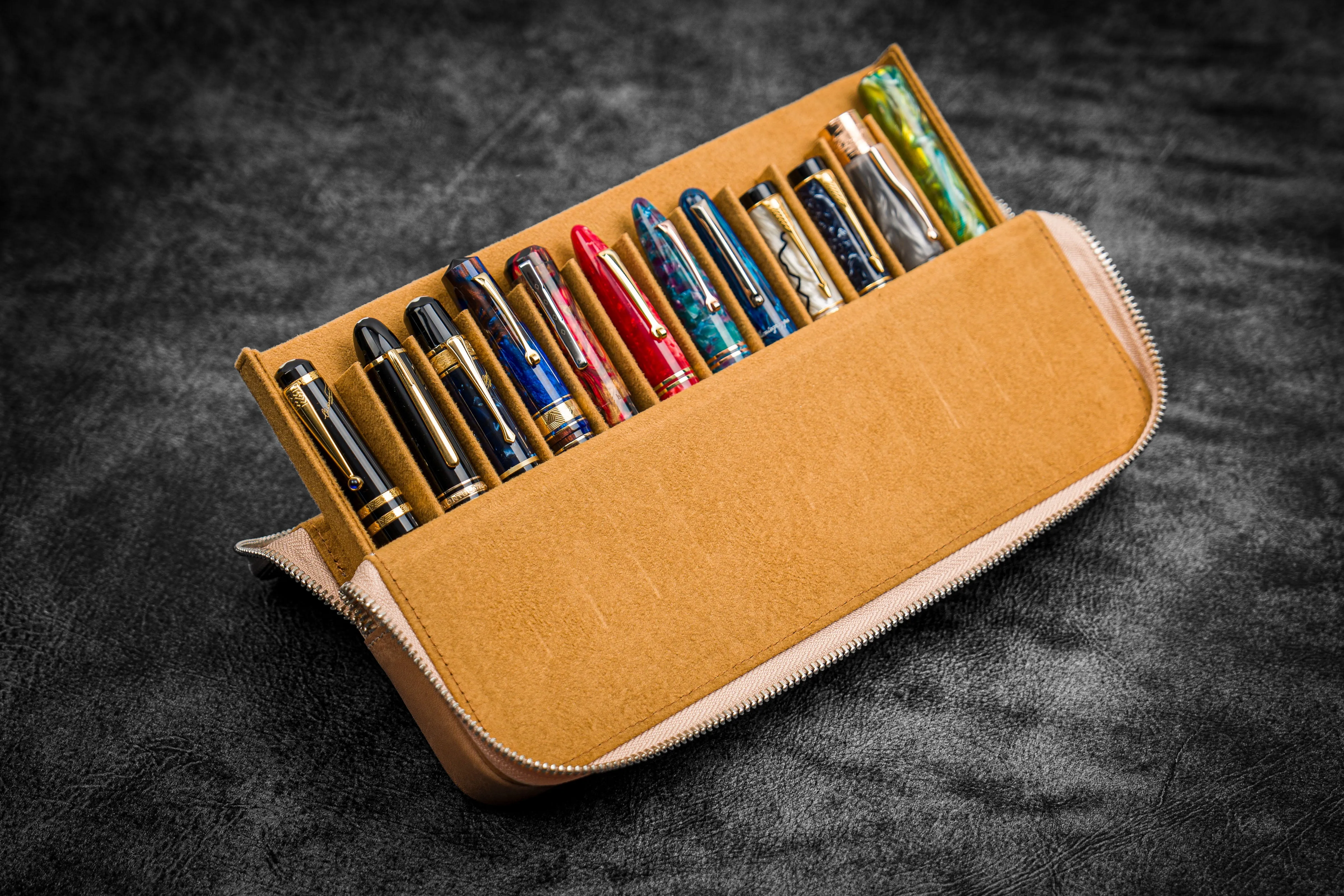 Leather Zippered Magnum Opus 12 Slots Hard Pen Case with Removable Pen Tray - Undyed Leather