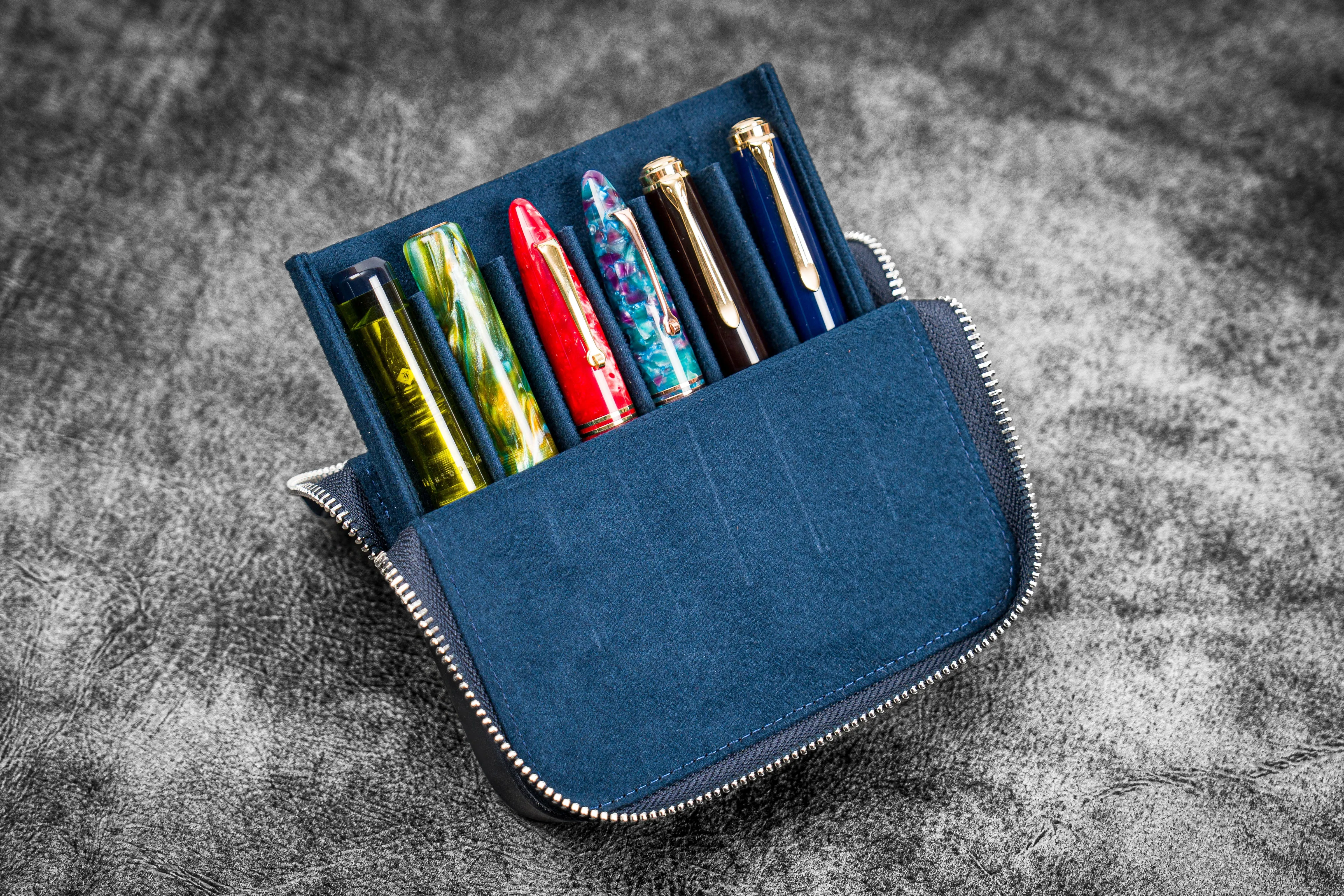 Leather Zippered Magnum Opus 6 Slots Hard Pen Case with Removable Pen Tray - Crazy Horse Navy Blue