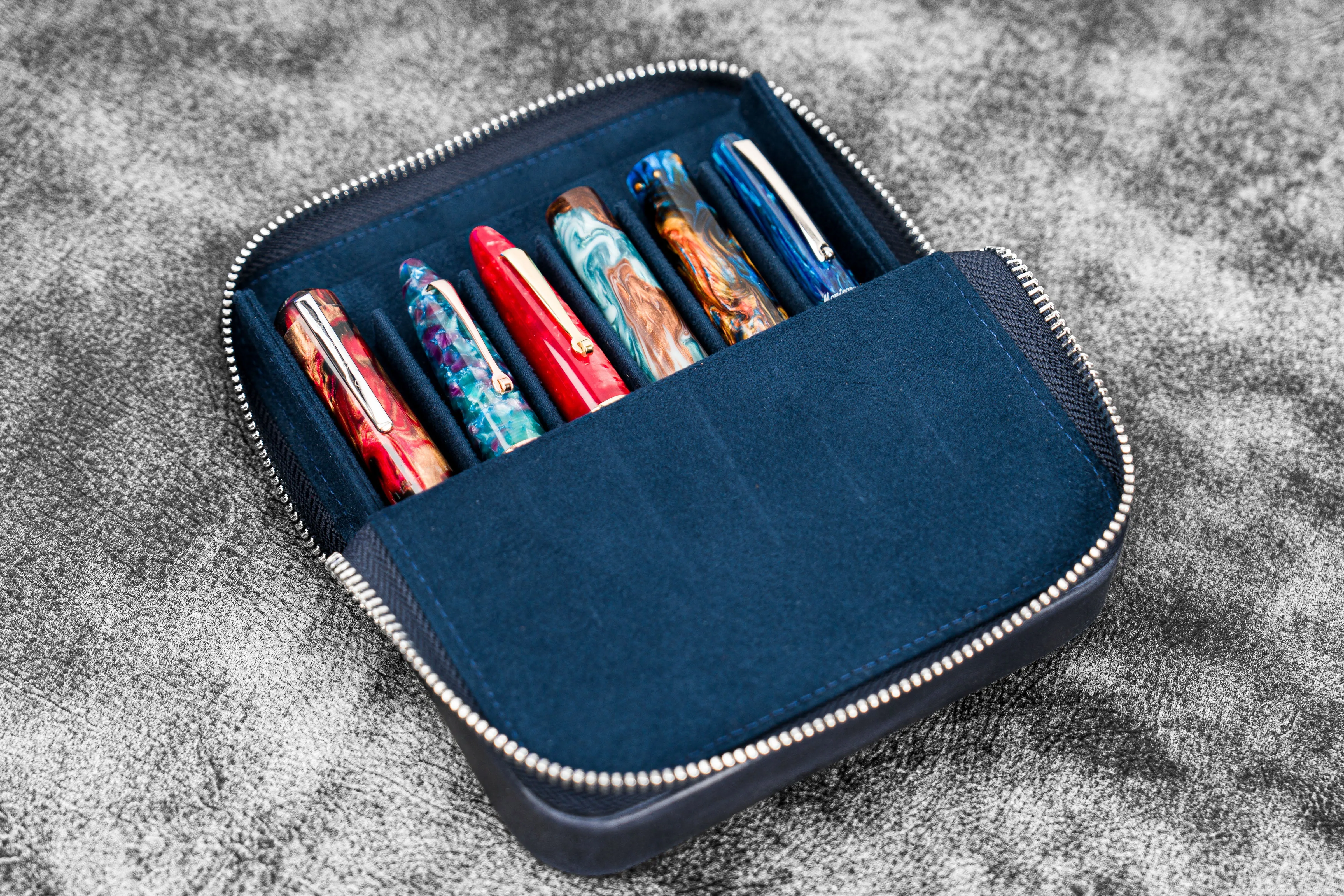 Leather Zippered Magnum Opus 6 Slots Hard Pen Case with Removable Pen Tray - Crazy Horse Navy Blue