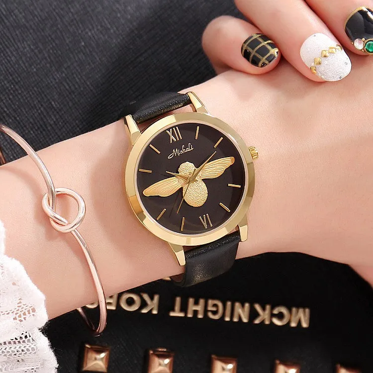 Little Bee Pattern Leather Strap Women's Watch