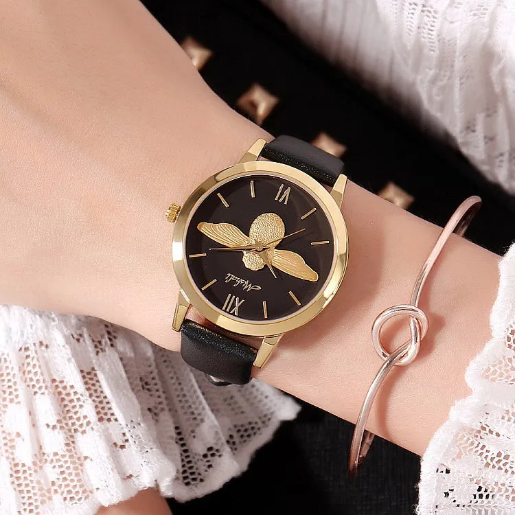 Little Bee Pattern Leather Strap Women's Watch