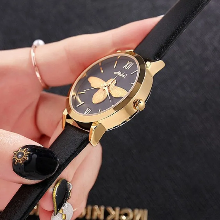 Little Bee Pattern Leather Strap Women's Watch