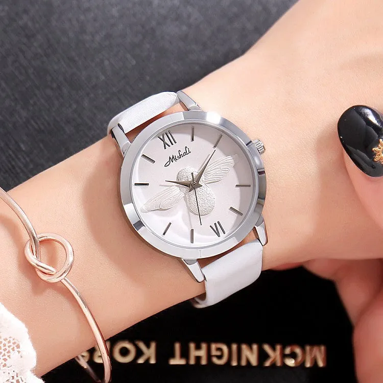 Little Bee Pattern Leather Strap Women's Watch