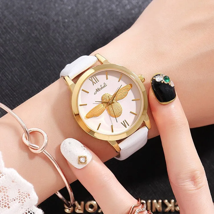 Little Bee Pattern Leather Strap Women's Watch