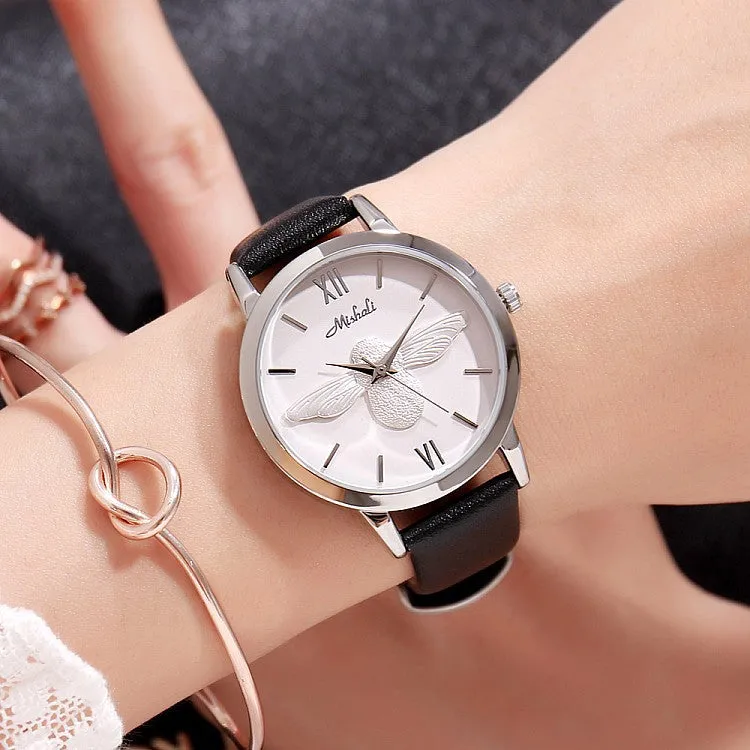 Little Bee Pattern Leather Strap Women's Watch