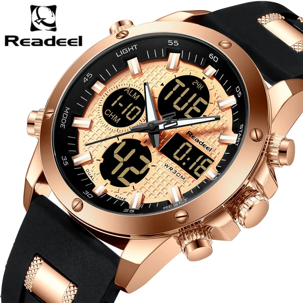 Mens Top Brand Luxury Chronograph Gold Men Watch Quartz Digital Led Sport Watch Waterproof Wristwatch