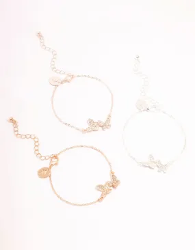 Mixed Metals Pave Diamante Butterfly Bracelets 3-Pack