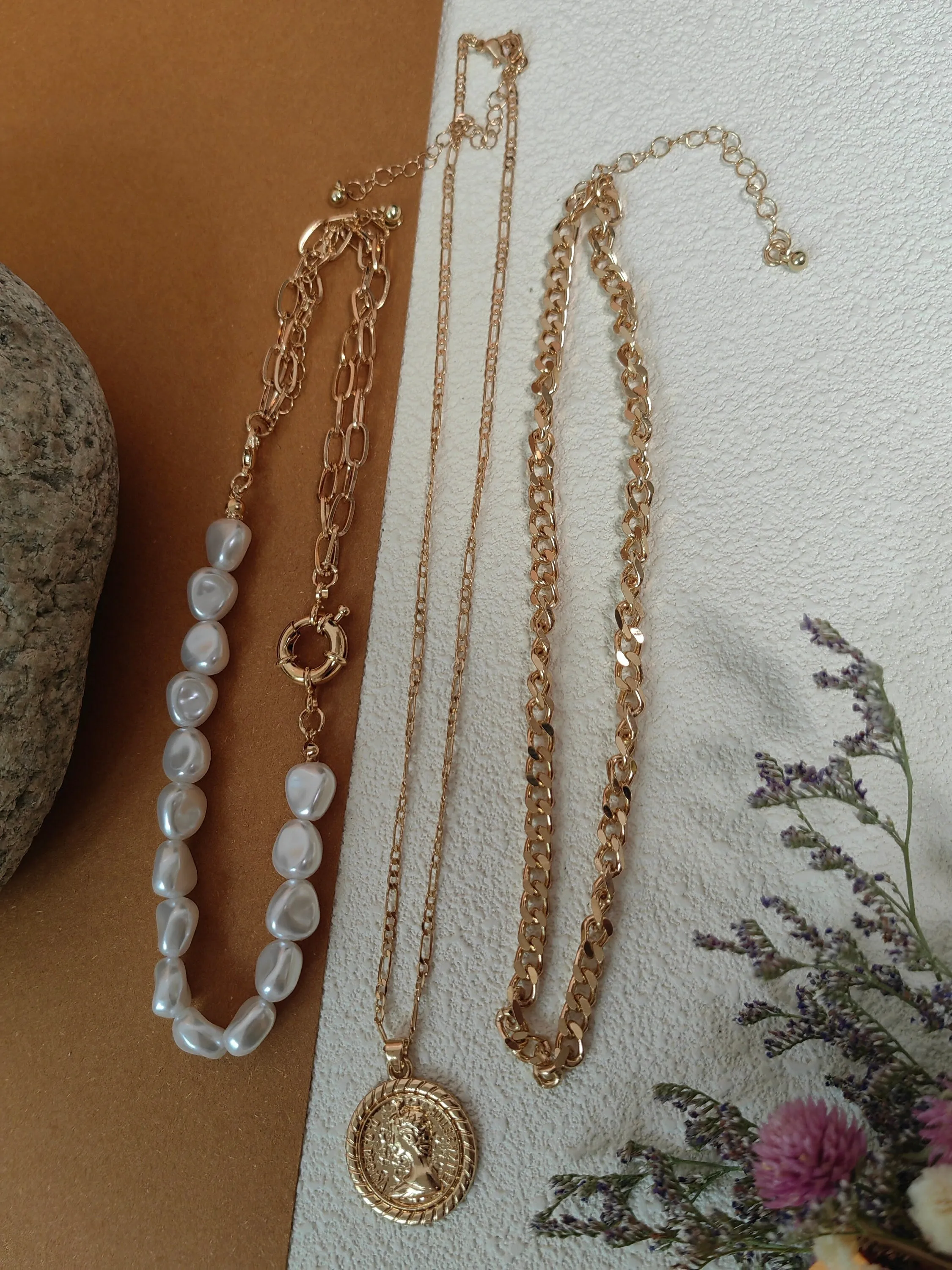 Multistrand Layered Imitation Pearl Coin Pendant Chain Set of 3 Necklaces