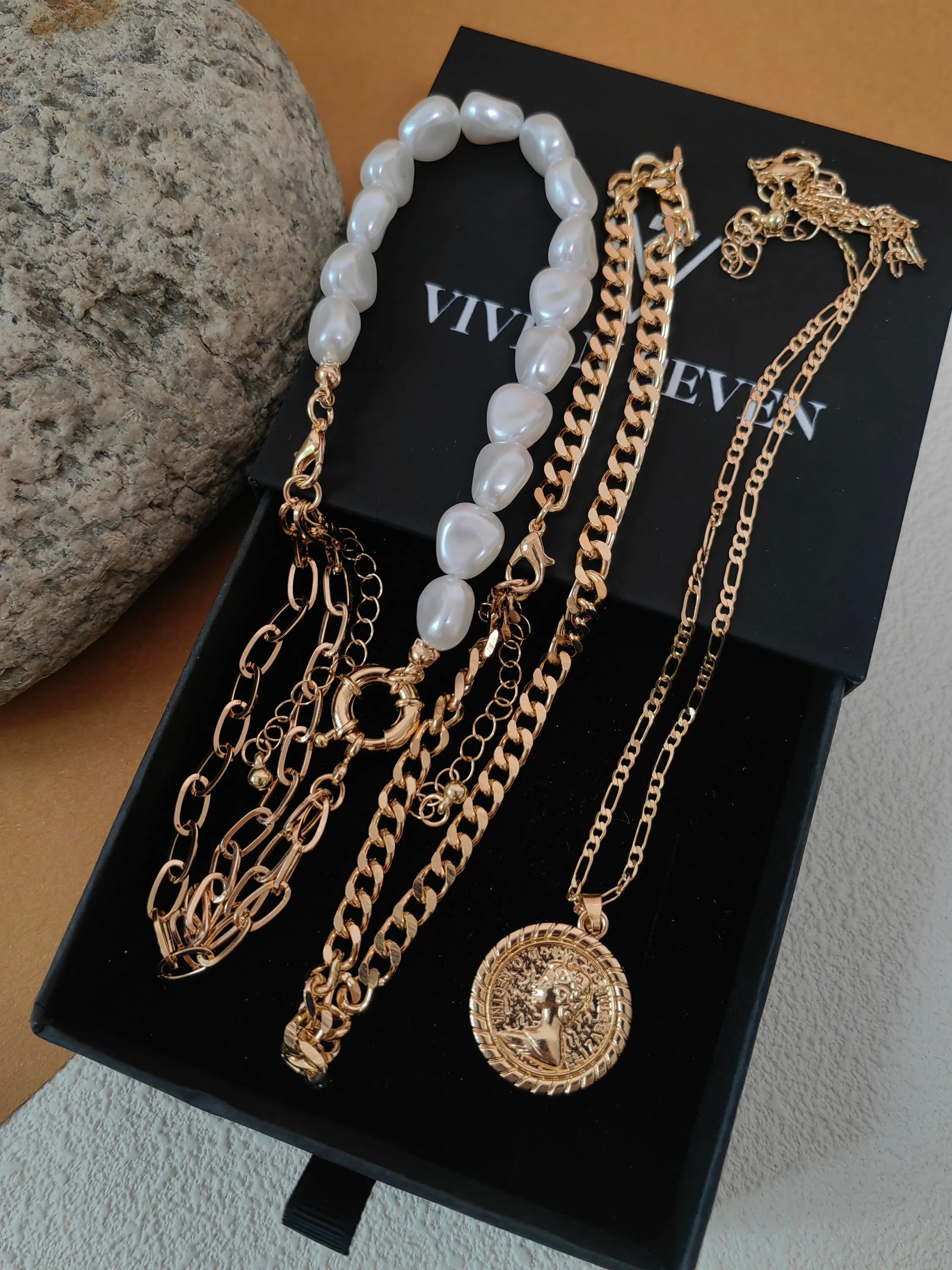 Multistrand Layered Imitation Pearl Coin Pendant Chain Set of 3 Necklaces