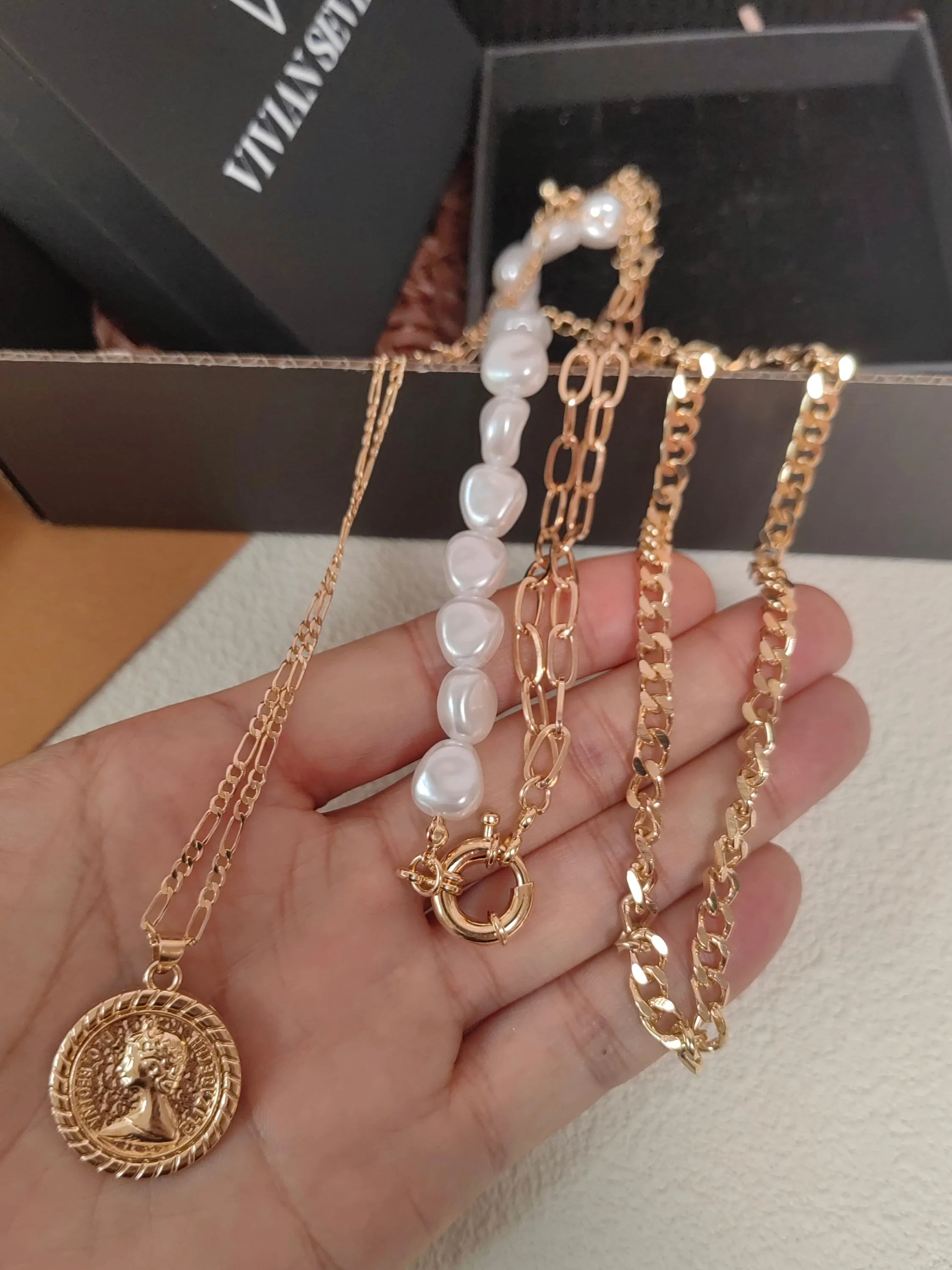 Multistrand Layered Imitation Pearl Coin Pendant Chain Set of 3 Necklaces