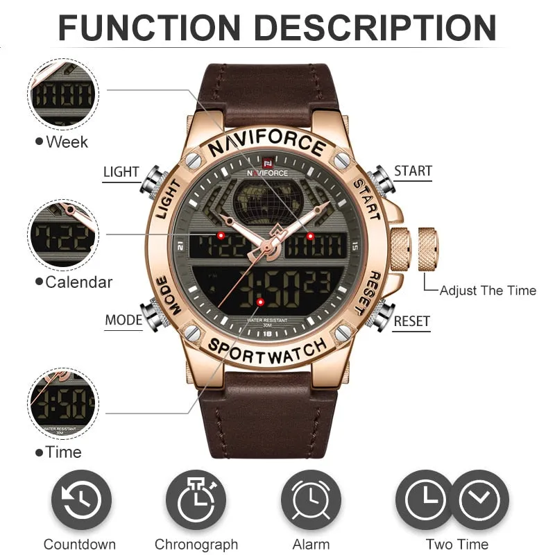 NAVIFORCE Watch Men Top Luxury Brand Leather Waterproof Sports Men’s Watches Quartz Analog Digital Watch Male Relogio Masculino