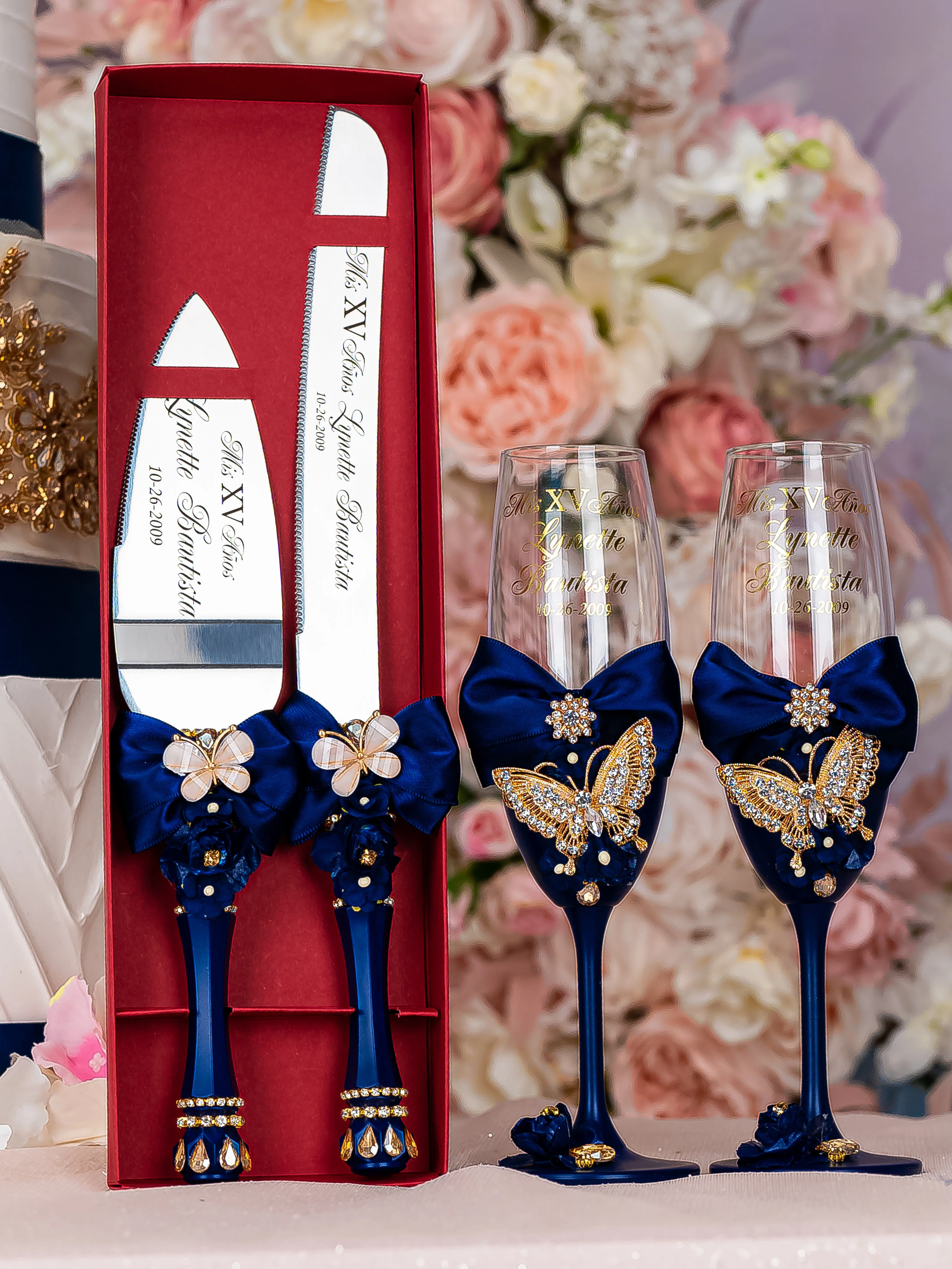 Navy blue with butterflies Quinceanera cake knife and server