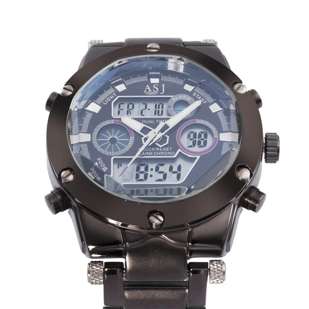 New fashion stylish sport waterproof steel ASJ clock army LED digital men military outdoor wrist quartz swimming watch