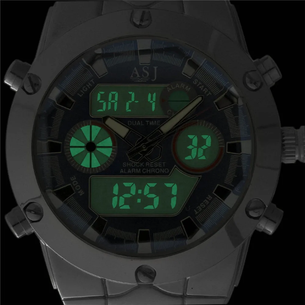 New fashion stylish sport waterproof steel ASJ clock army LED digital men military outdoor wrist quartz swimming watch