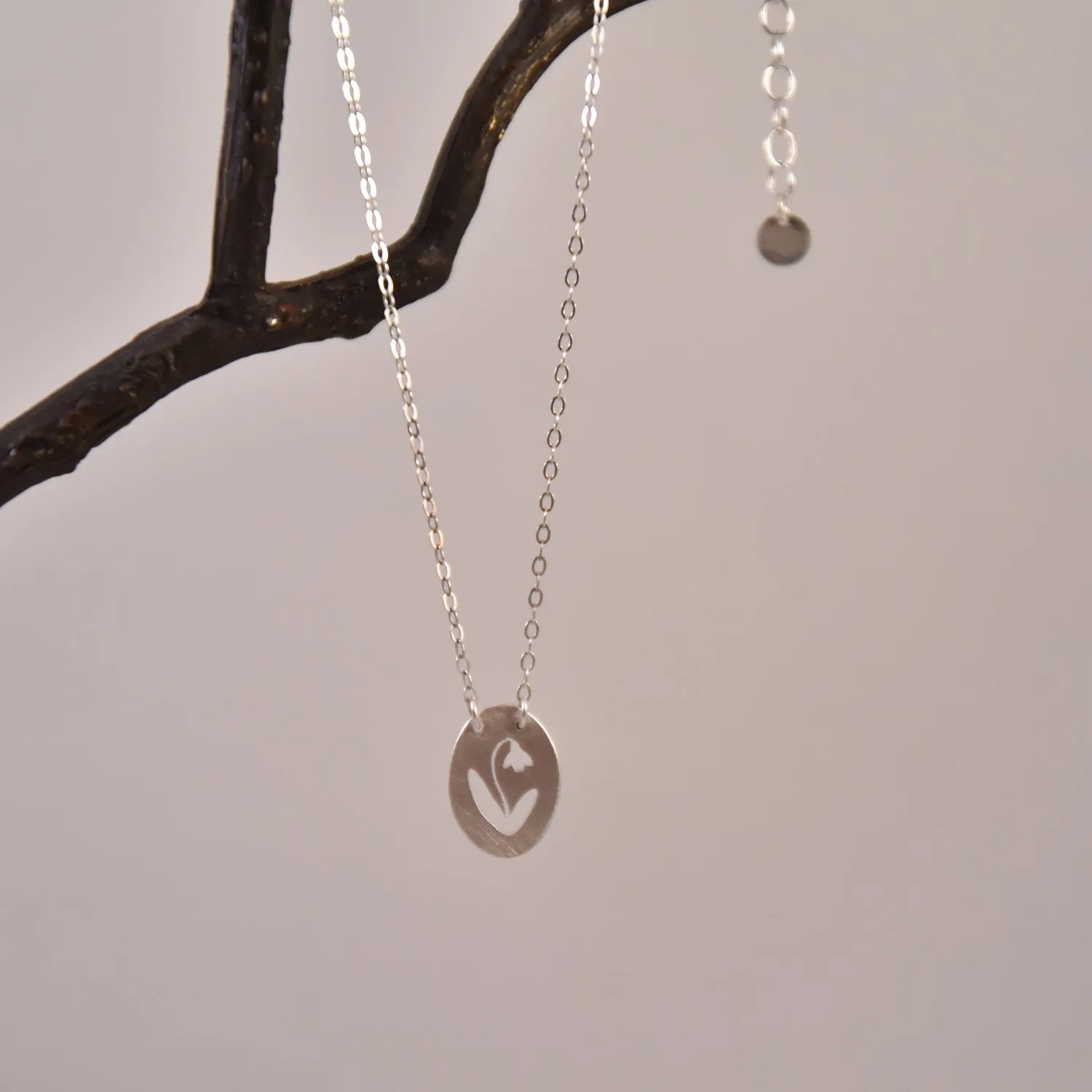 Oval Charm Tiny Necklace-- Snowdrop  Silver with Extender Chain