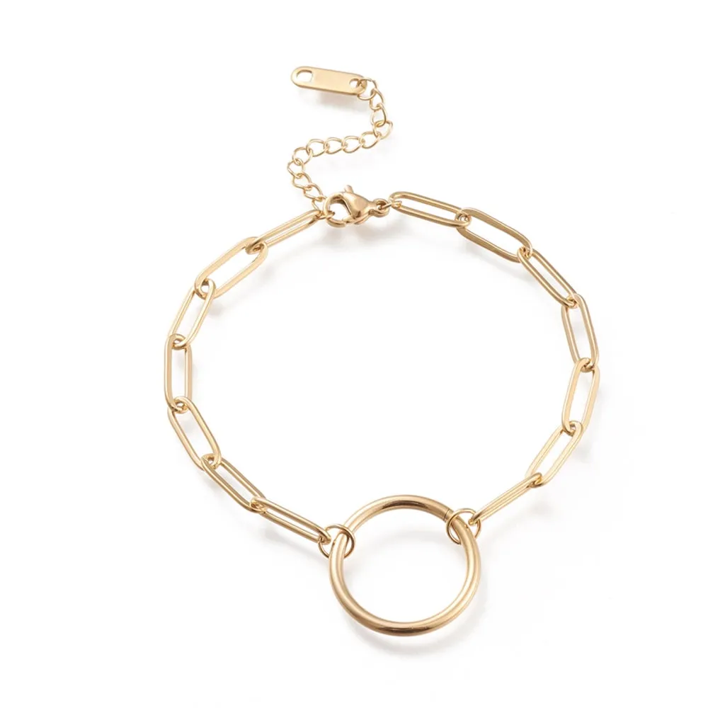 Paperclip Chain Bracelet with Ring -  Plated Stainless - 6-7/8"