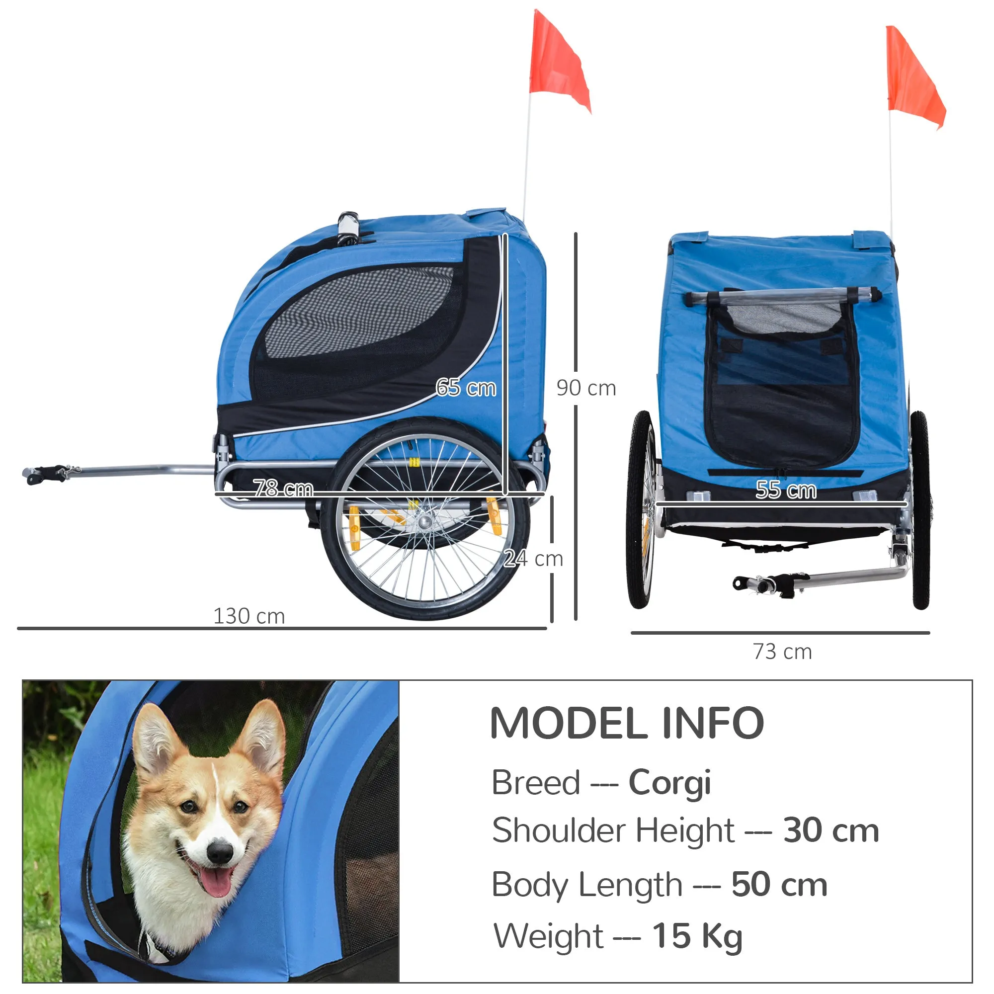 PawHut Dog Bike Trailer Pet Cart Bike Carrier Travel with Hitch Coupler Blue