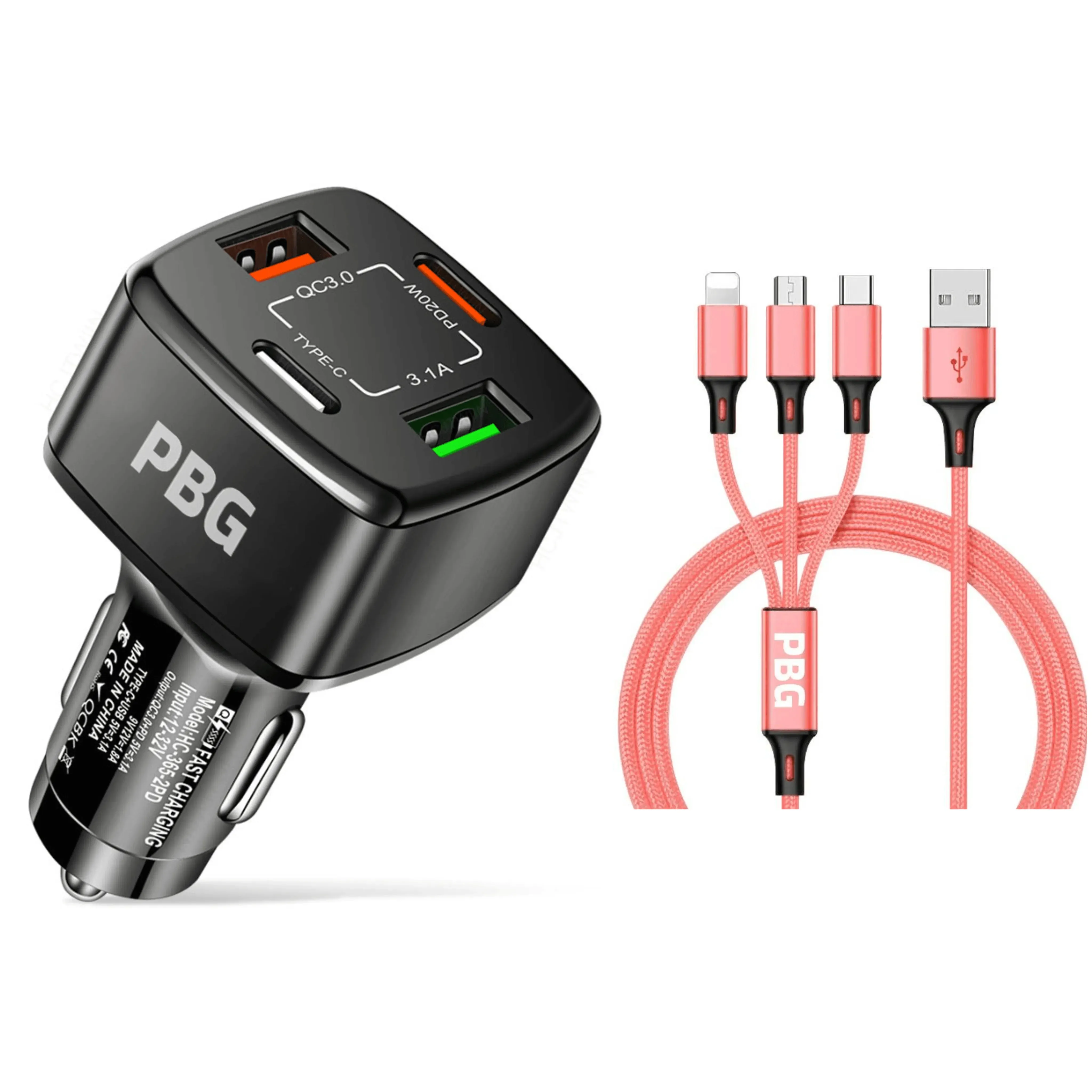 PBG 4 Port Car Charger and 4FT - 3 in 1 Nylon Cable Combo Pink