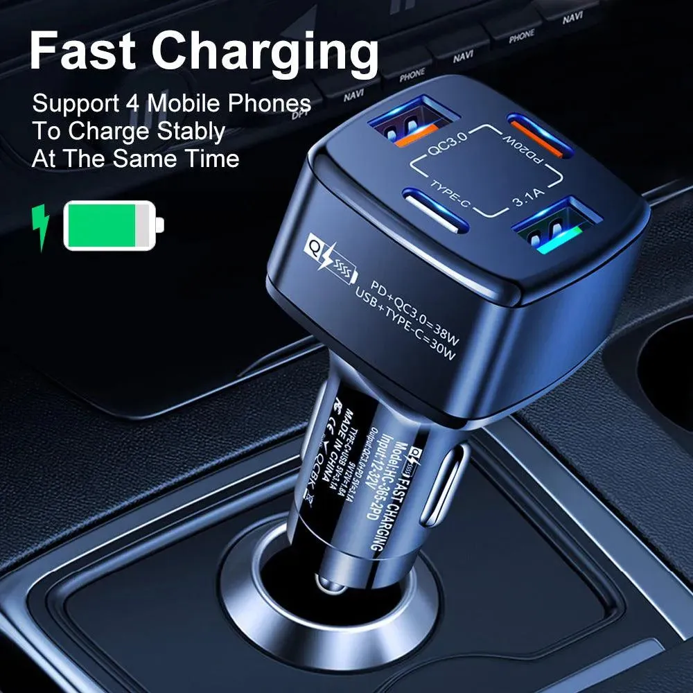 PBG 4 Port Car Charger and 4FT - 3 in 1 Nylon Cable Combo