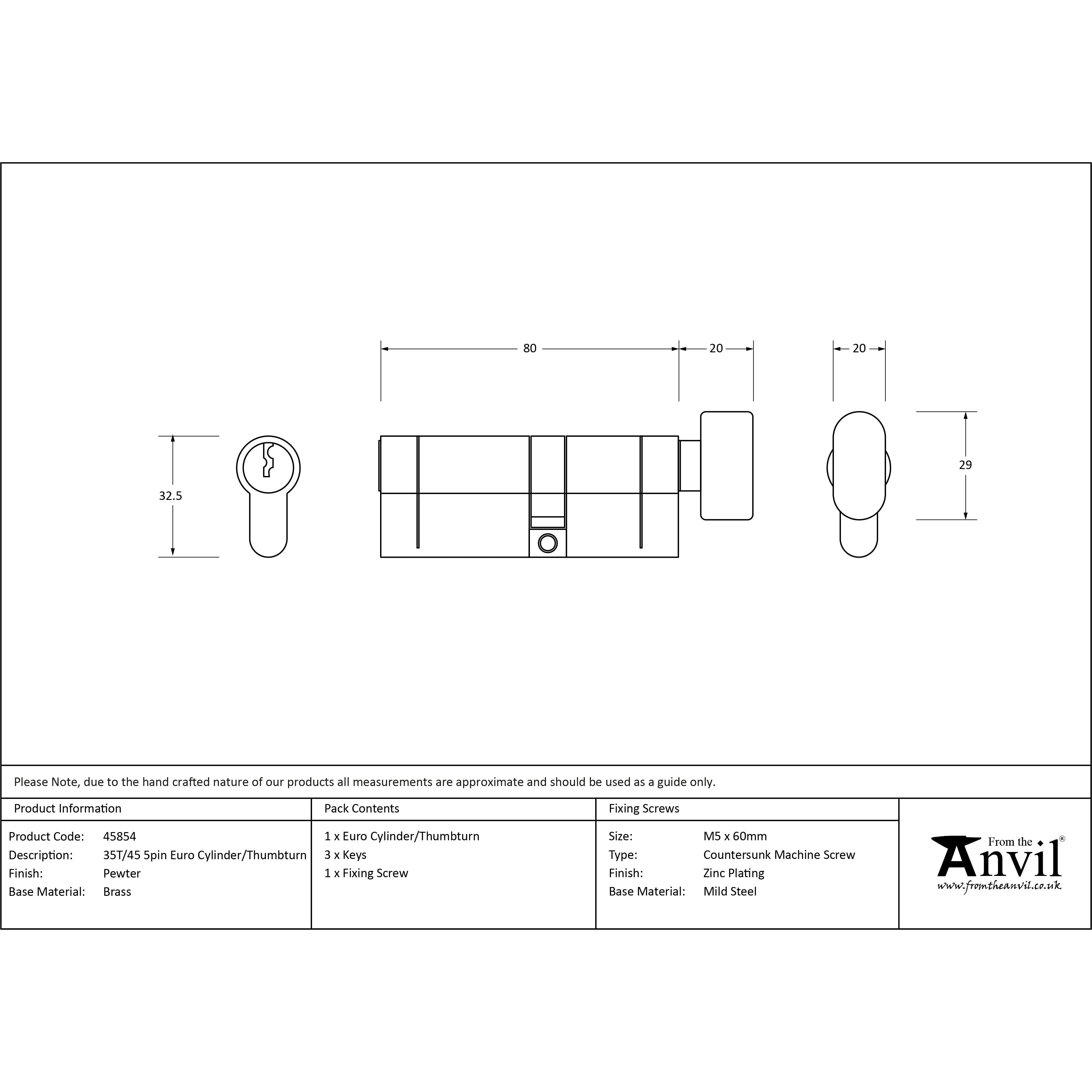 Pewter 35T/45 5pin Euro Cylinder/Thumbturn | From The Anvil