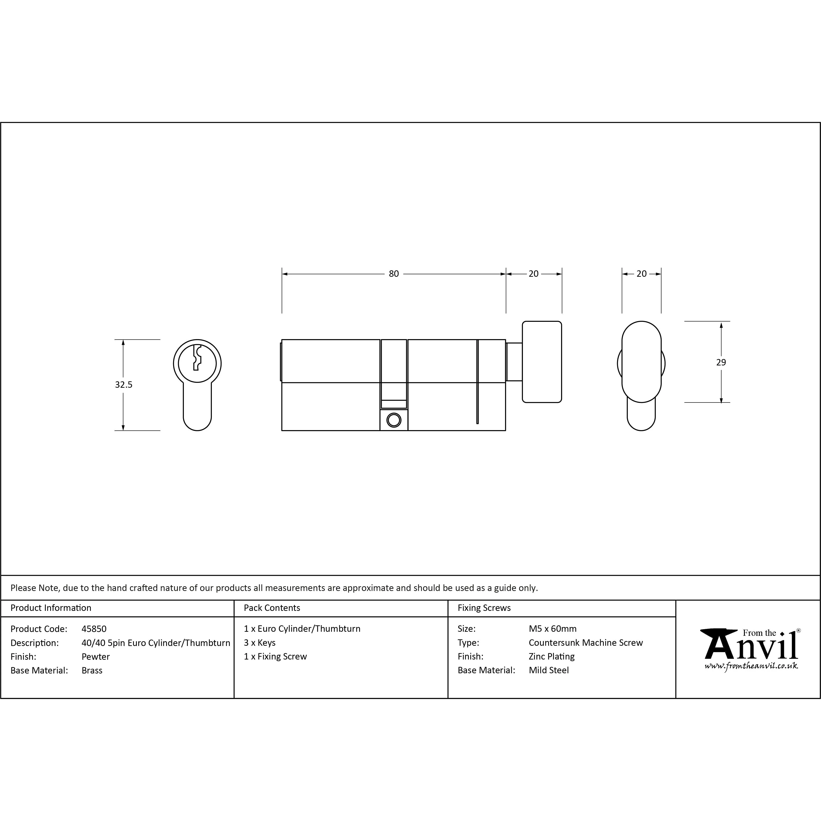 Pewter 40/40 5pin Euro Cylinder/Thumbturn | From The Anvil