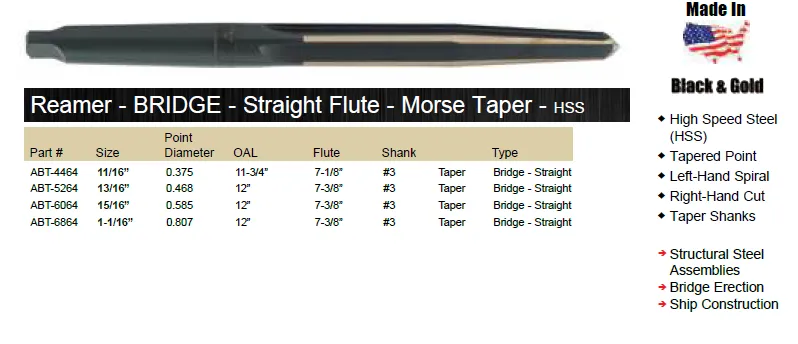 REAMER MORSE TAPER BRIDGE STAIGHT FLUTE HIGH SPEED STEEL