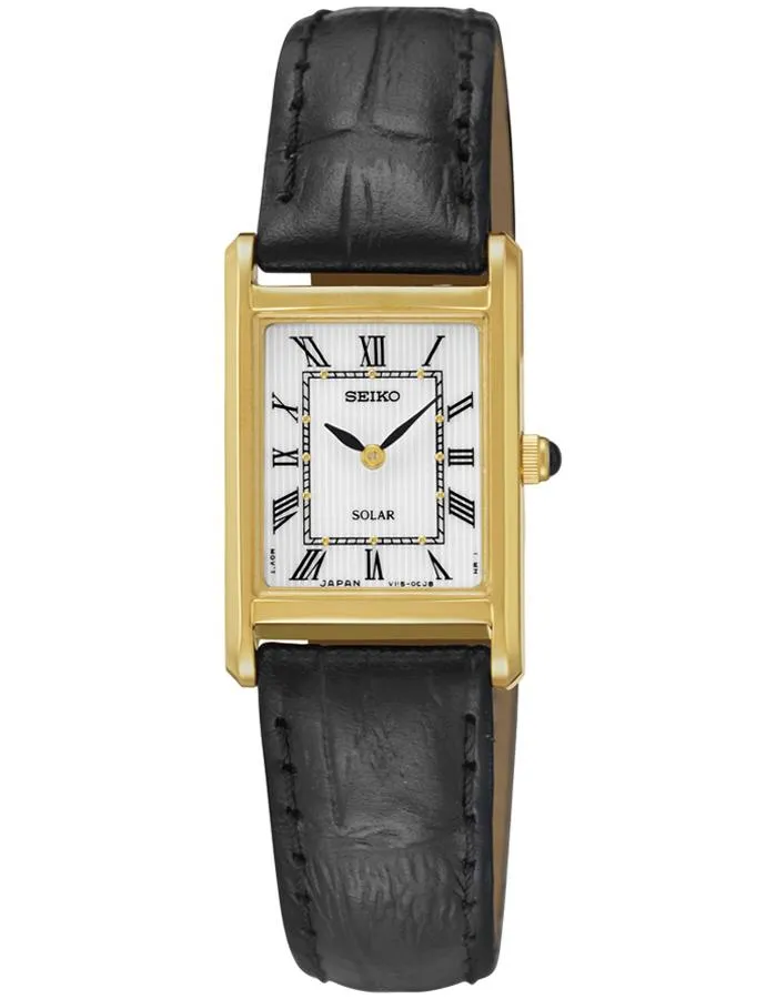 Seiko Ladies Solar Classic Watch - Gold-Tone - White Dial - Black Leather Strap