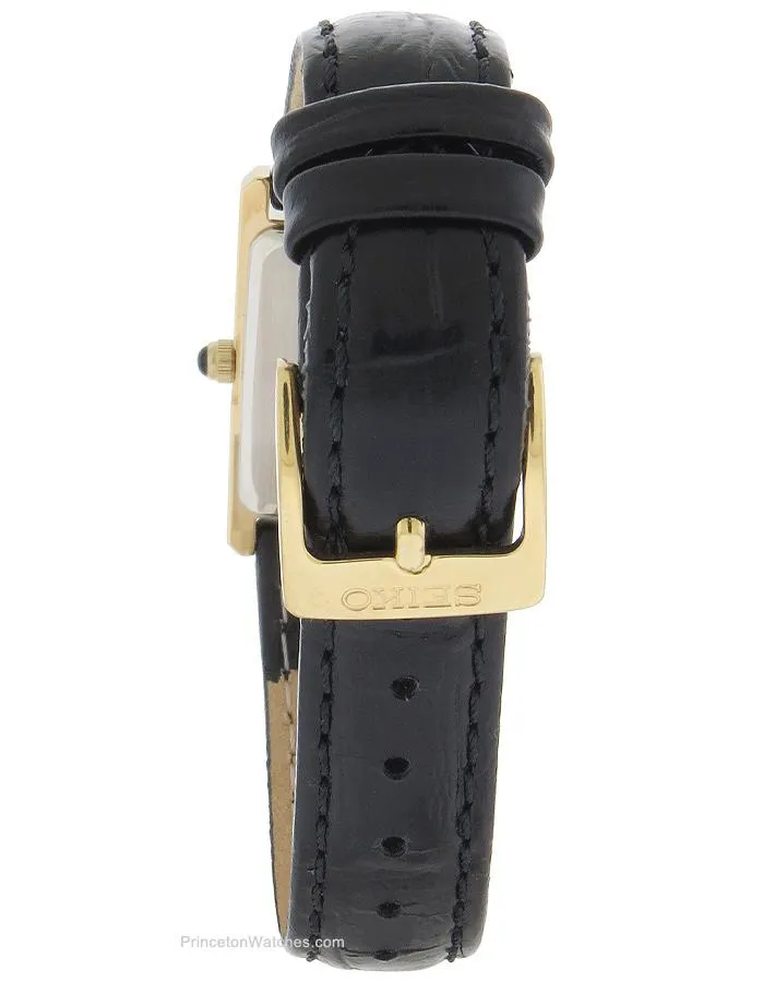 Seiko Ladies Solar Classic Watch - Gold-Tone - White Dial - Black Leather Strap