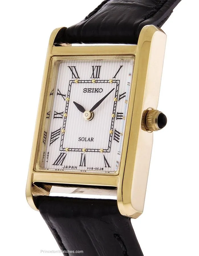 Seiko Ladies Solar Classic Watch - Gold-Tone - White Dial - Black Leather Strap