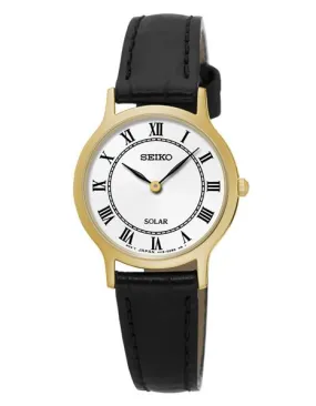 Seiko Womens Solar Leather Strap Watch - Gold-Tone - White Dial