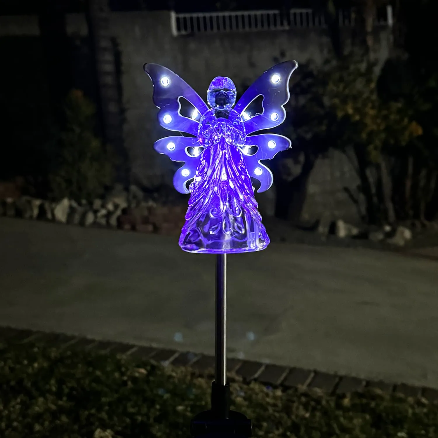 Solar Acrylic Angel with Wings and Twelve LED lights Metal Garden Stake in Purple, 4 by 34 Inches